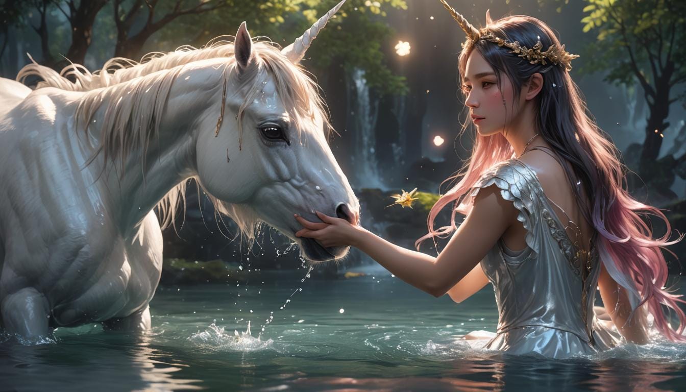 A beautiful woman with a tiara and a unicorn horn, gently holds the muzzle of a unicorn. Both are standing in water.