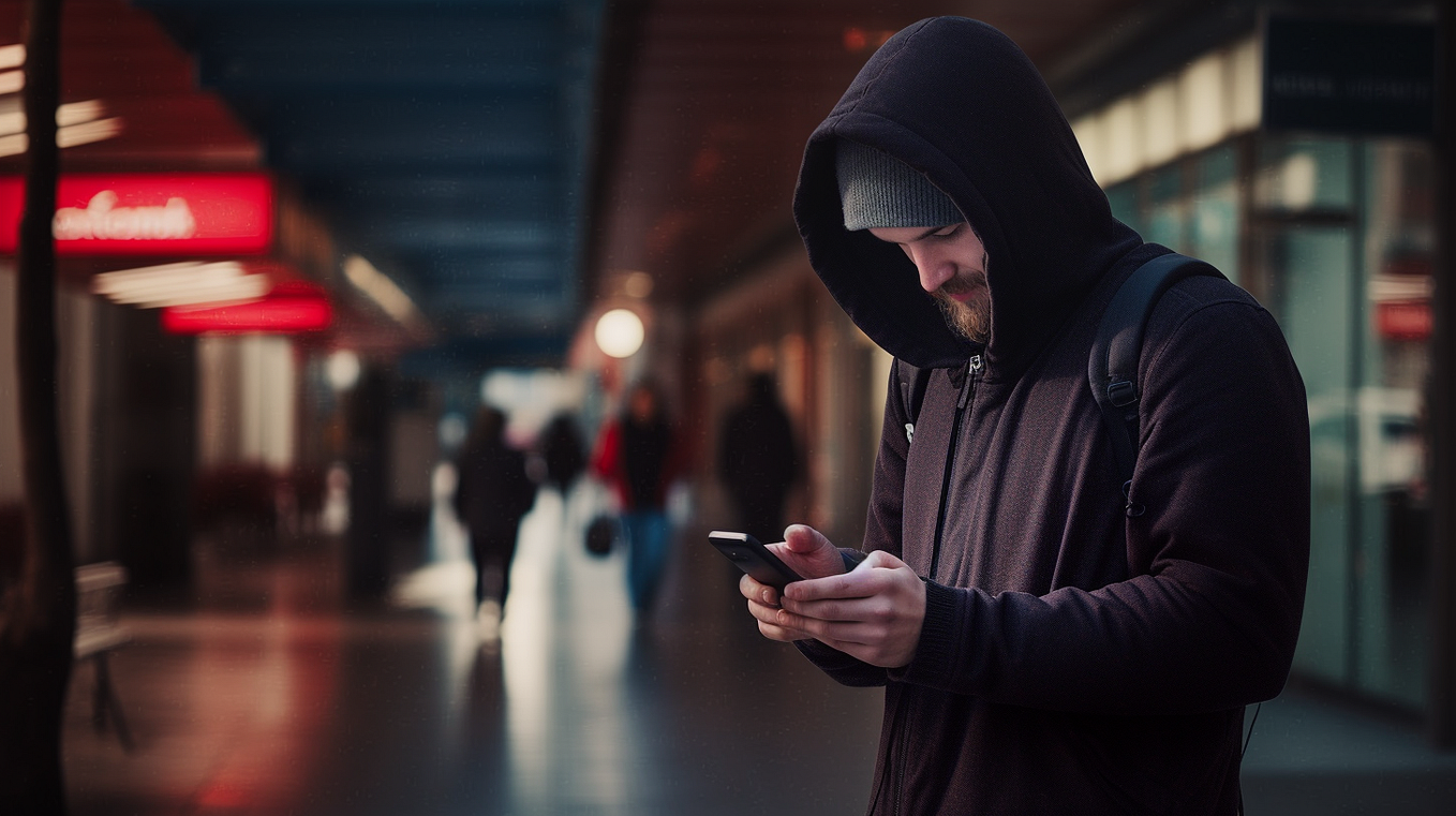 MidJourney produced an image of a man in a hoodie and beanie looking at his mobile device on a darkened public street at night.