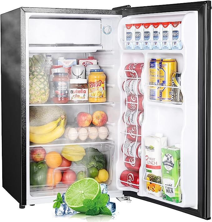 MRS HOME Compact refrigerator with freezer, 3.2 Cu.ft Mini Fridge with  Reversible Door, 5 Settings Temperature Adjustable for Kitchen, Bedroom,  Dorm