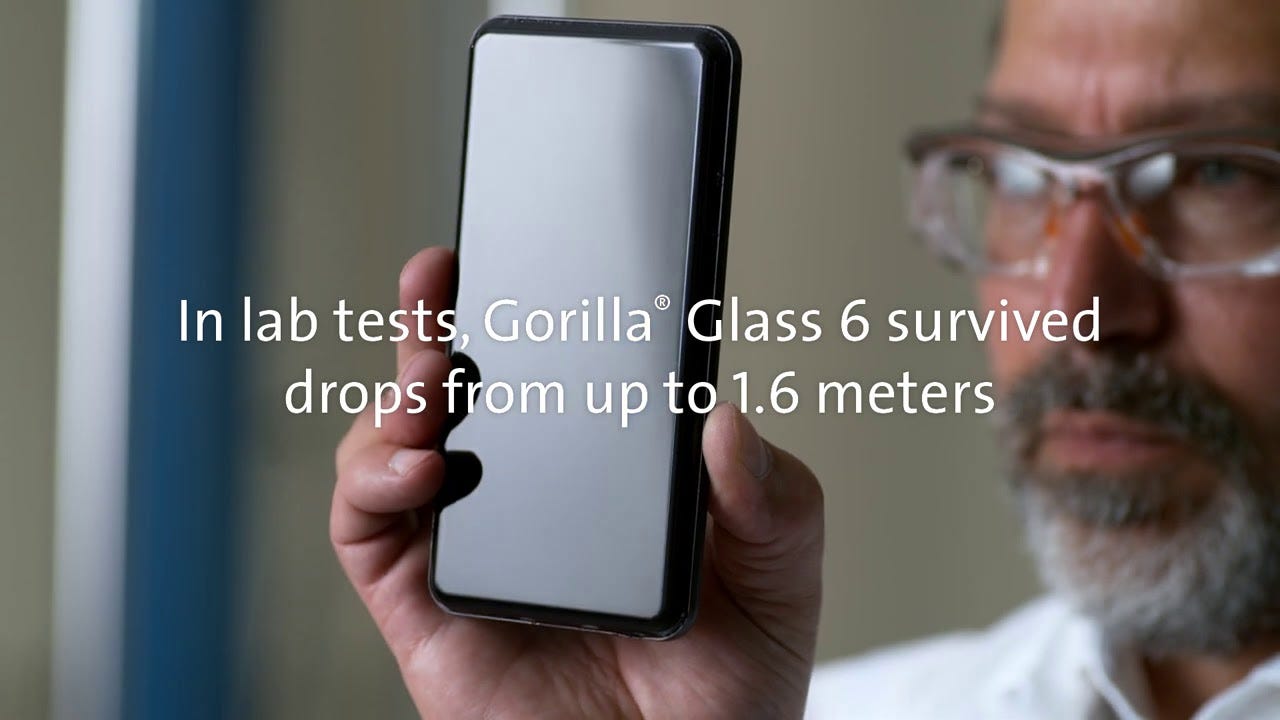 A thumbnail saying, “in lab tests, Gorilla Glass 6 survived drops from up to 1.6 meters”.