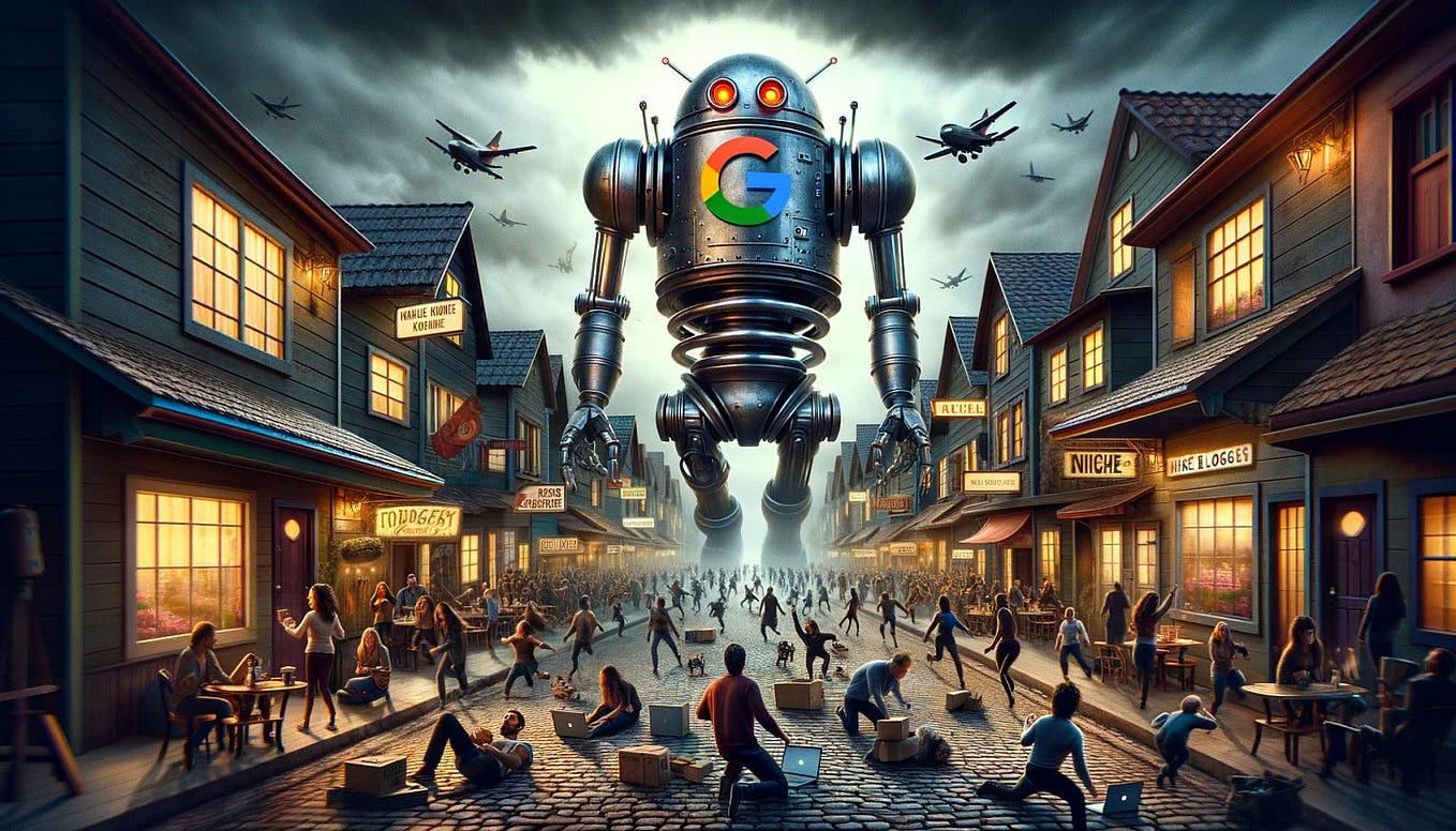 A giant robot Google attacking bloggers