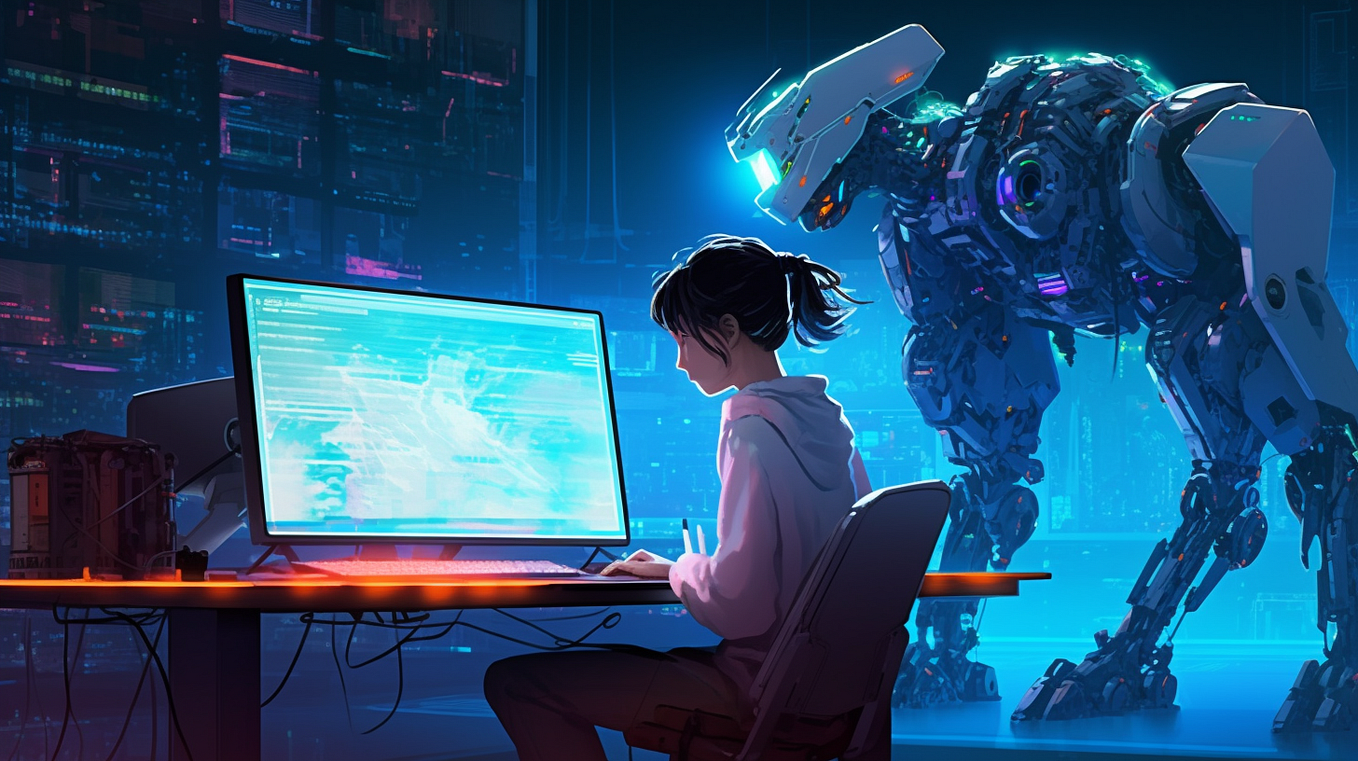 A software developer and a futuristic robot writing code together during a pairing session