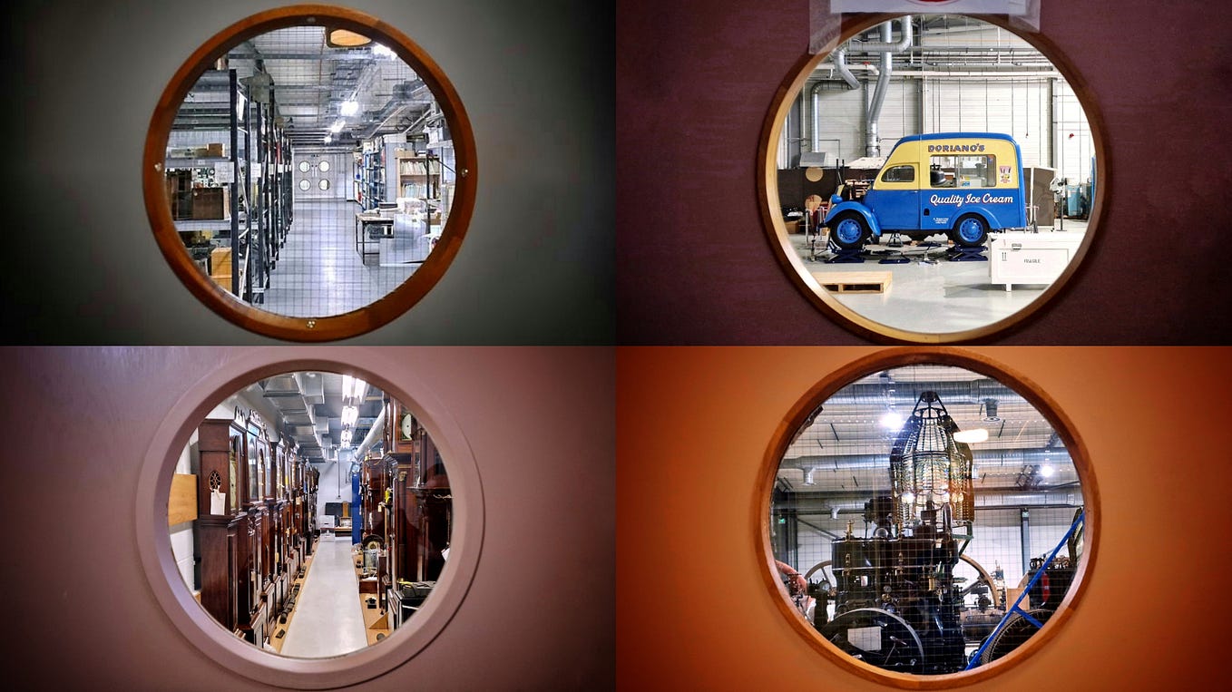 Four round windows at National Museums Scotland’s collection centre. Each one looks into a store containing a range of museum objects, from grandfather clocks to an ice cream van.