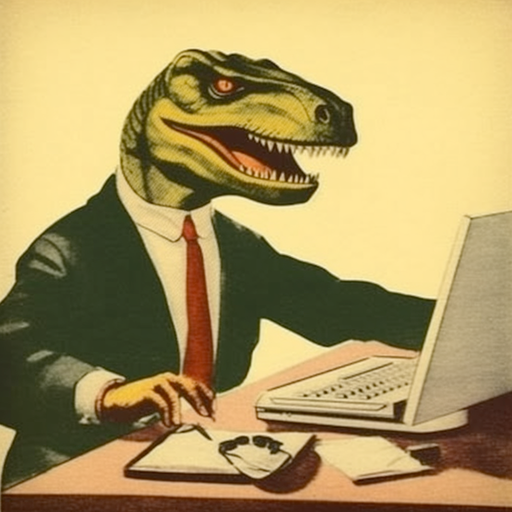 A dinosaur in a mid-century style suit sitting at a laptop computer