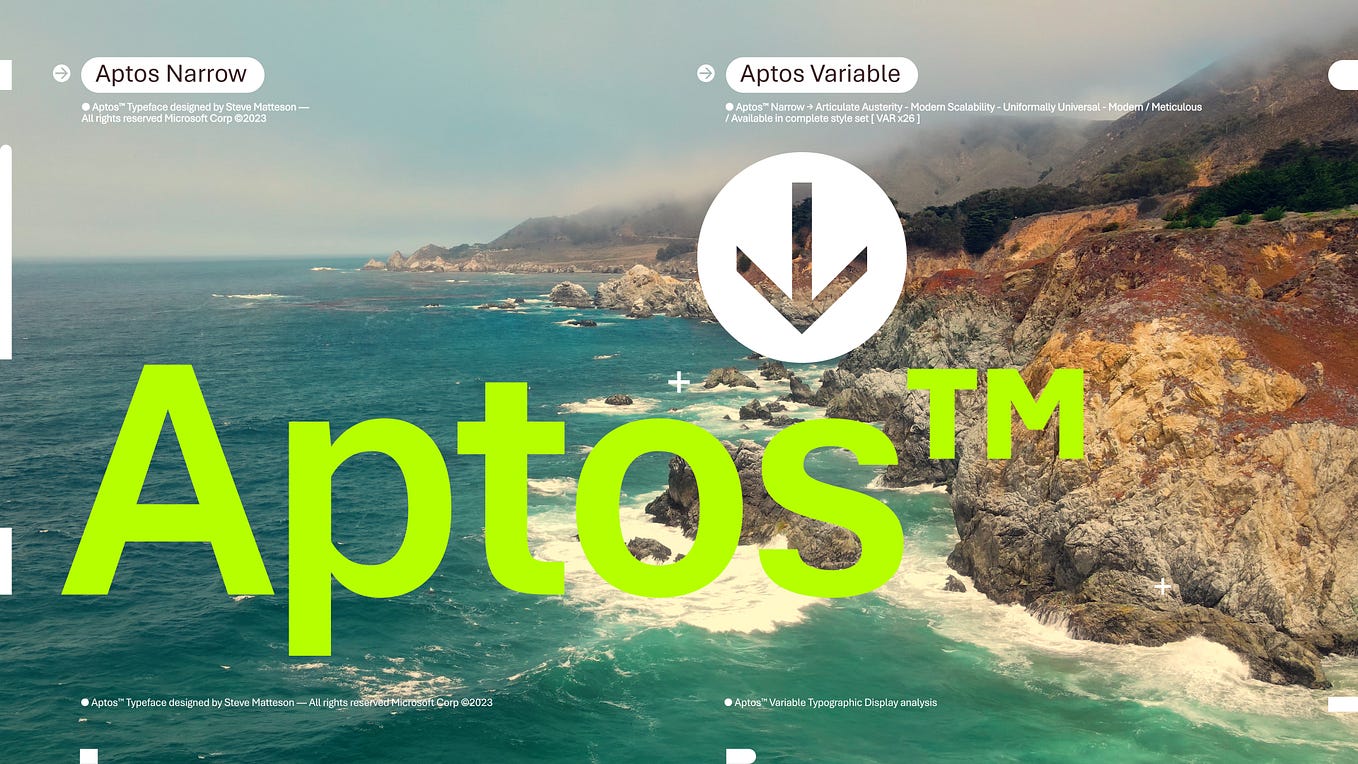 Ultra saturated picture of a blue ocean crashing into a brown mountain in Aptos, California. The word Aptos is blown up in the left center of the frame. The word is bright lime green and it’s font is Aptos.