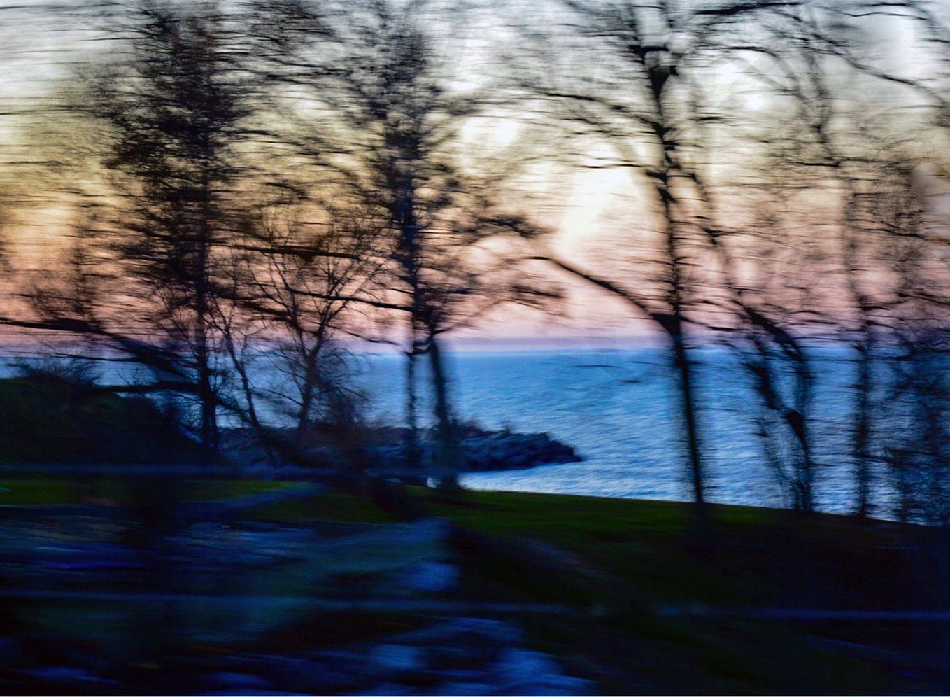 motion blur,  sunset landscape through bare tree branches | © pockett dessert