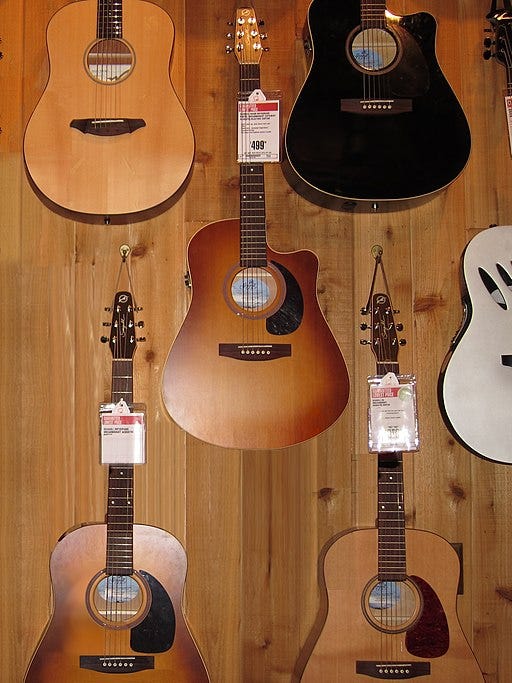 Seagull guitars on display at a music store