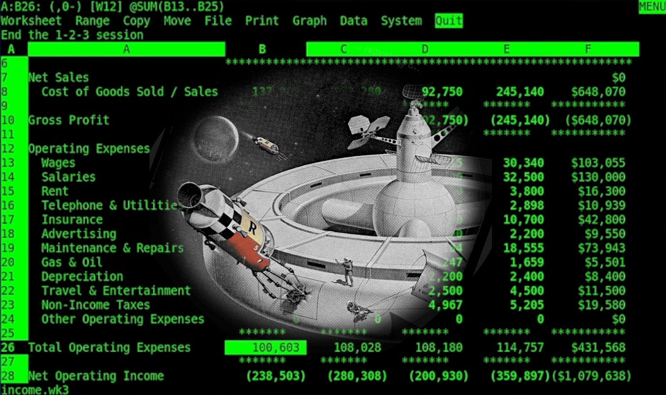 A Lotus 1–2–3 spreadsheet with green-on-black, low-res type; its center has an irregular vignette revealing a space station.