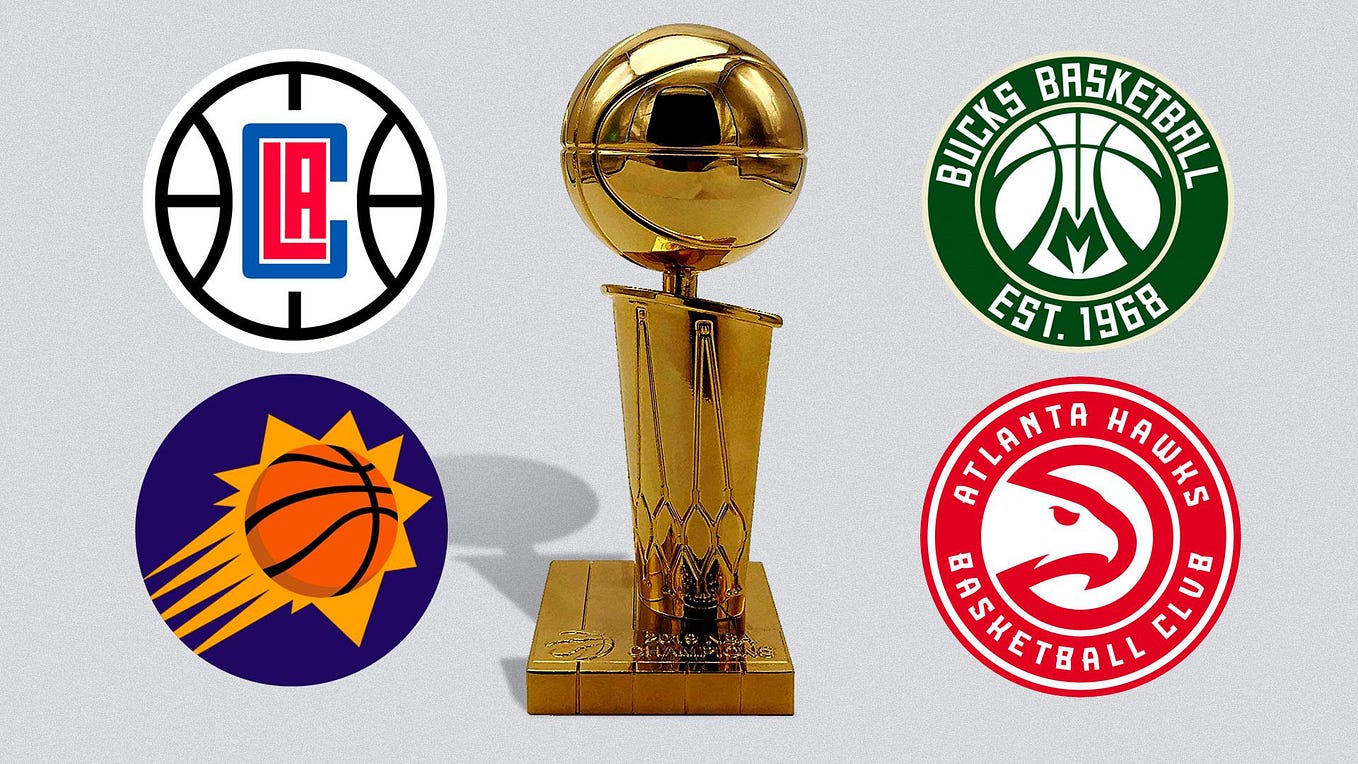 The logos of the Los Angeles Clippers, the Phoenix Suns, the Milwaukee Bucks, and the Atlanta Hawks surrounding the NBA championship trophy