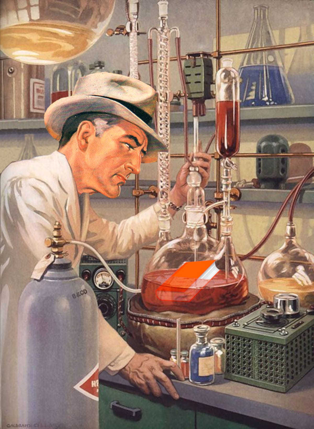 A scientist laboring in an apparatus-filled chemistry laboratory. His head has been replaced with a fedora-topped businessman’s head, a faint sneer on his face. The flask he is peering into contains a floating orange book.