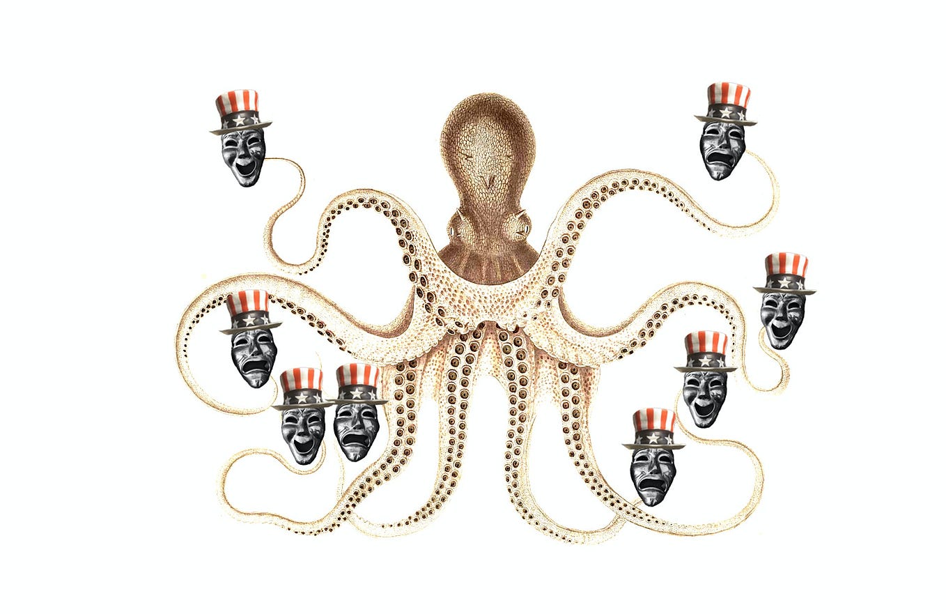 And illustrated Octopus with little caricatures of a demonic Uncle Sam at the end of each tentacle