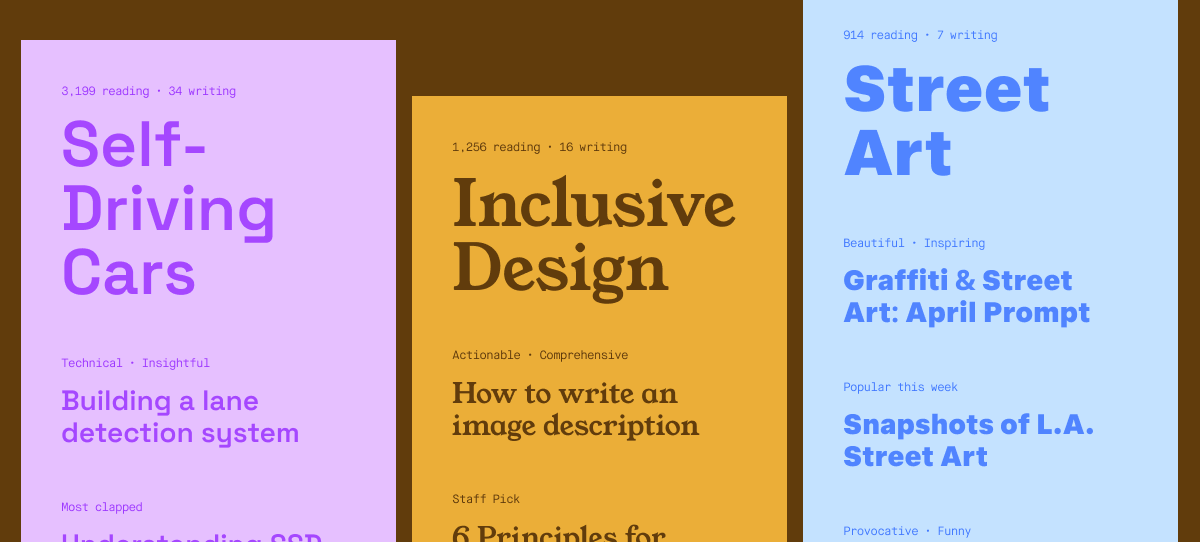 Three mobile screens each with a different topic and color scheme — “Self-Driving Cars” in purple, “Inclusive Design” in yellow, “Street Art” in blue