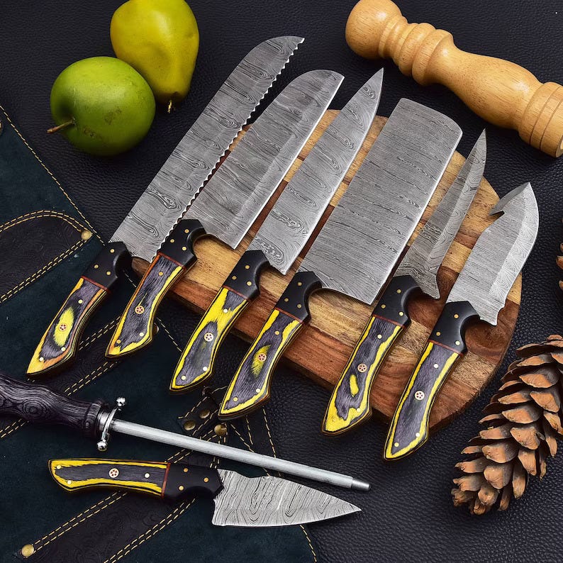 5 Pieces Handmade Damascus Kitchen Knife Chef's Knife Set With Forging Mark  Blades And Leather Roll, Personalized Chef Knife ,Kitchen Knives