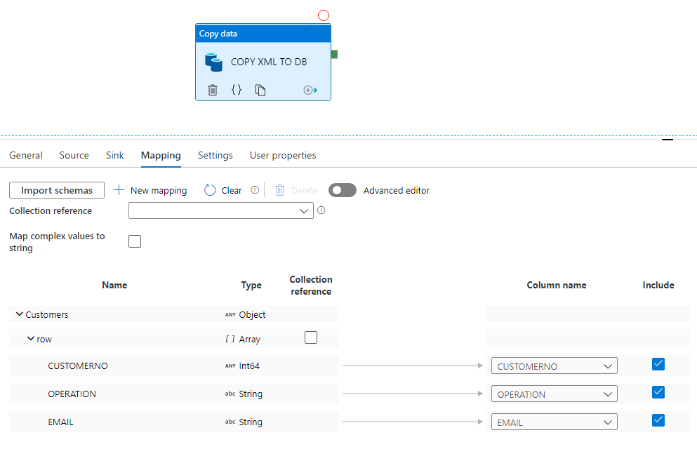 How to not read xml into sql server using azure data factory by