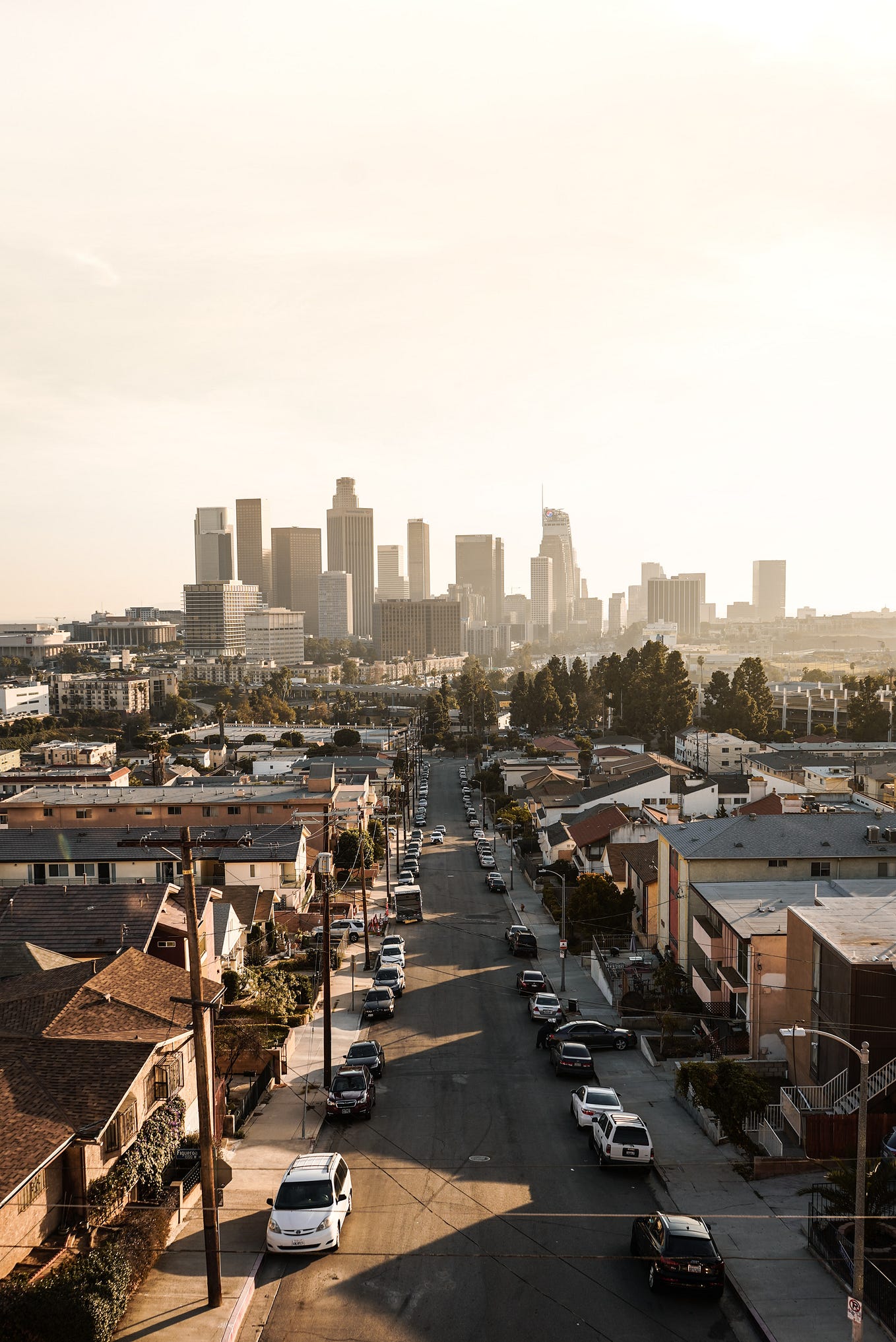 Picture of LA skyline in background and a neighborhood in the foregroundd