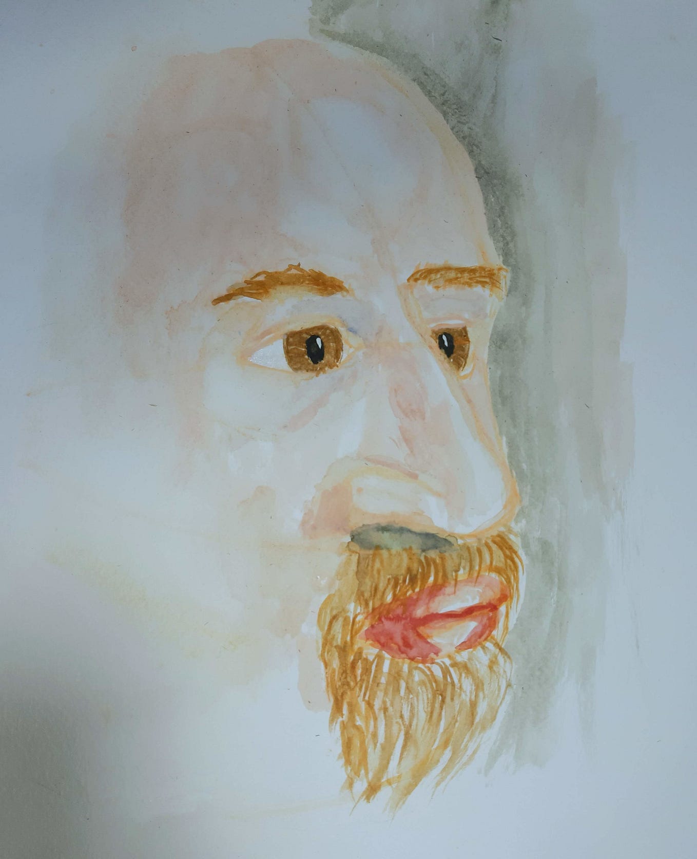A watercolour self-portraint of myself in three quarter view. In hindsight, the features are noticeably exaggerated.