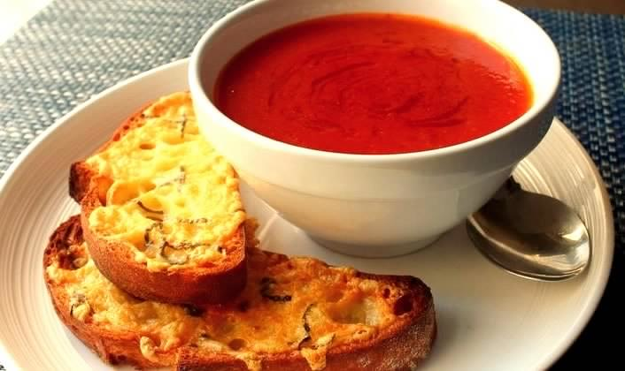 Soups, Stews and Chili — Vegetable Soup — Fresh Tomato Soup with Crispy Cheese Toast