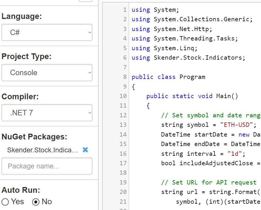 Download historical quotes from Yahoo Finance with C in your browser