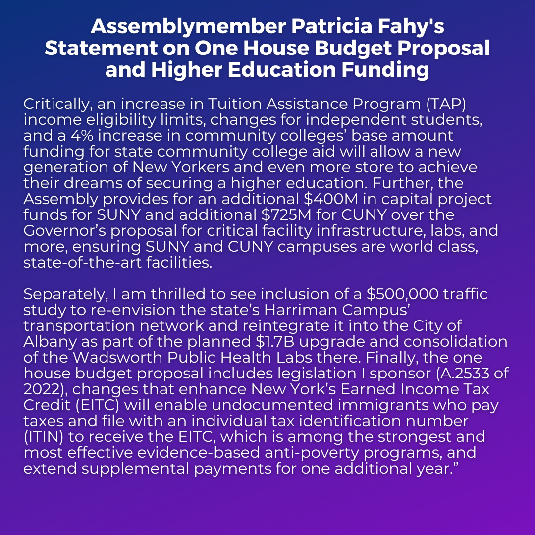 AM Fahy Statement on Assembly One House Budget Proposal