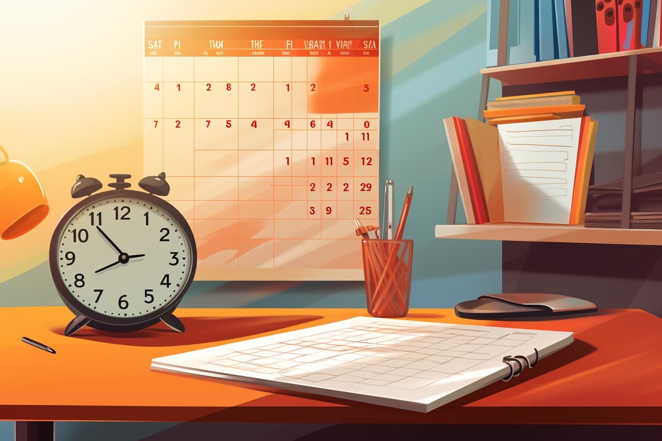 pop art illustration of a calendar looming above a desk
