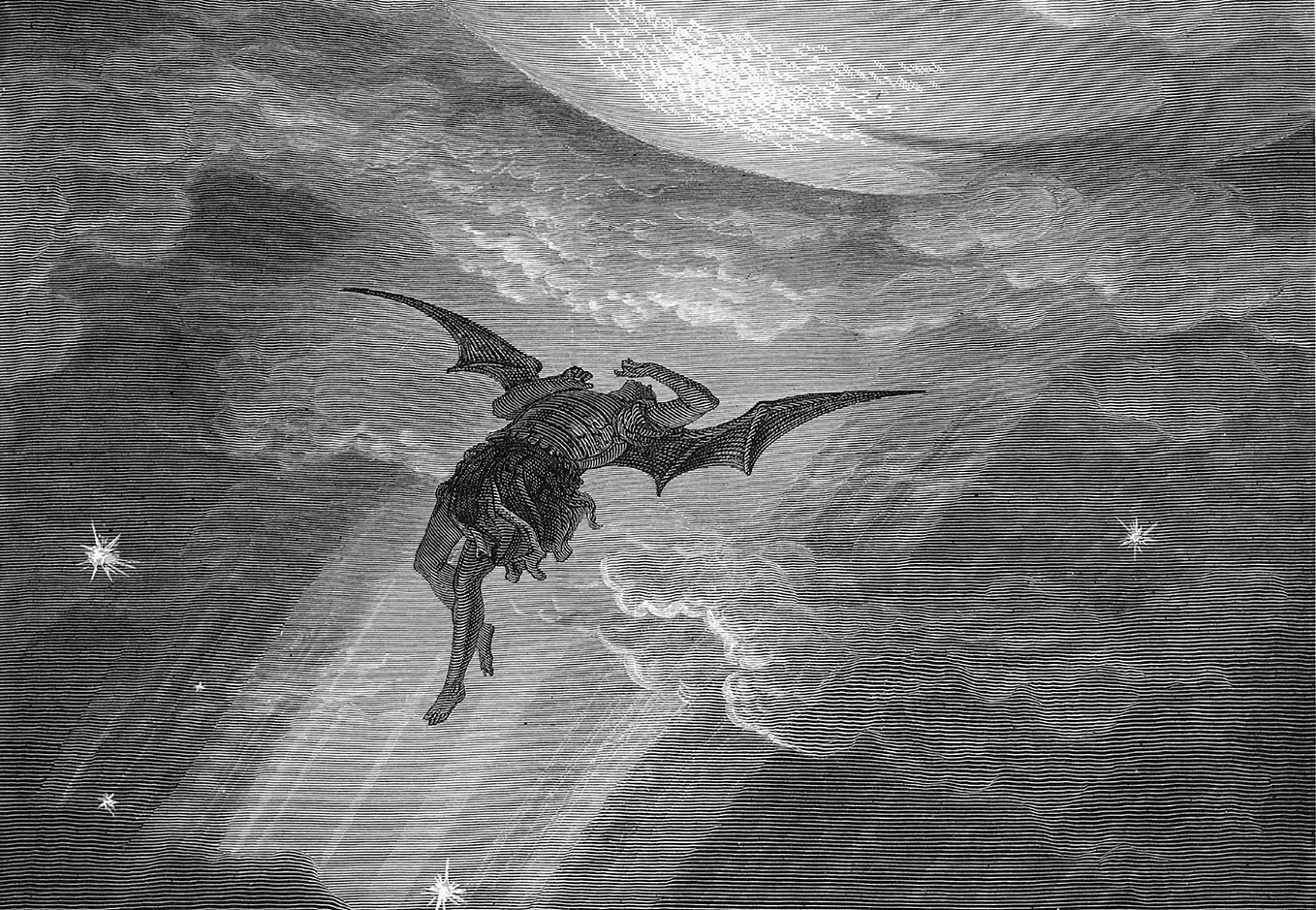 In the original piece by Gustav Doré, Lucifer is envisioned here falling from heaven. This version is vertically flipped so it showed Lucifer ascending from “heaven” as academics perceive “academia.” Lucifer/Satan is centered. He’s in the middle of transforming so he has a manlike body but his angelic wings are more pointed like that of a dragon.