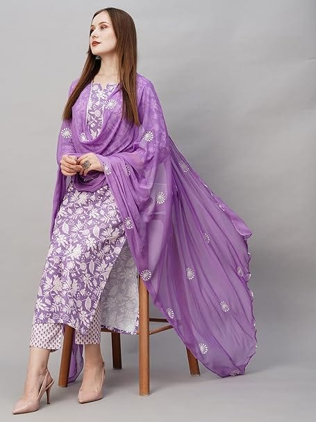 Women Pure Cotton Embroidered Wine Kurta With Pant And Dupatta main image 0