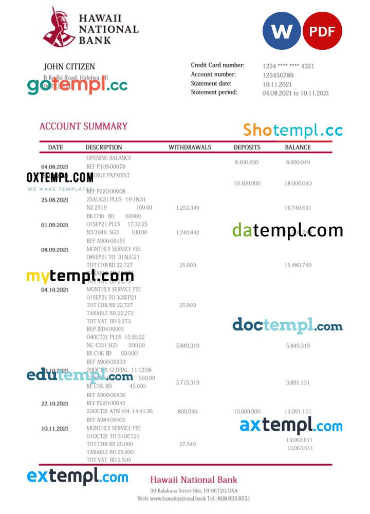 Hong Kong DAH Sing Bank statement Word and PDF template by doctempl
