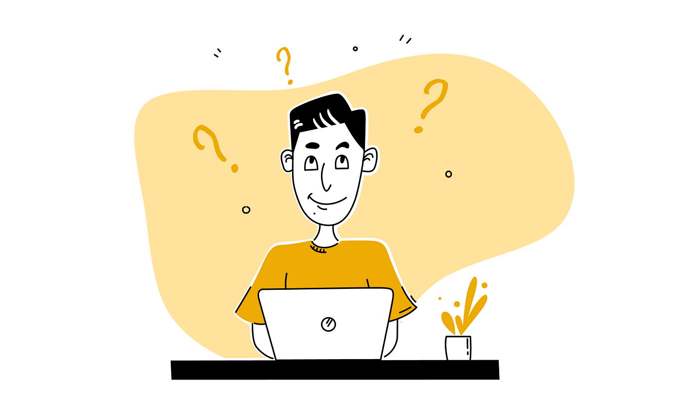 Illustration of the author sitting in front of their laptop lookin up with question marks around their head