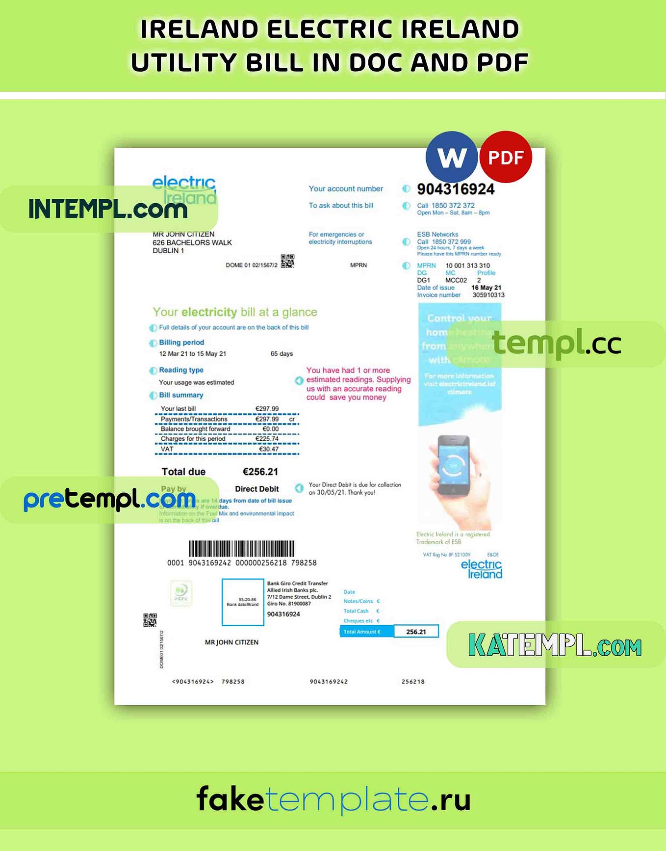 Ireland Electric Ireland utility bill template in Word and PDF format ...