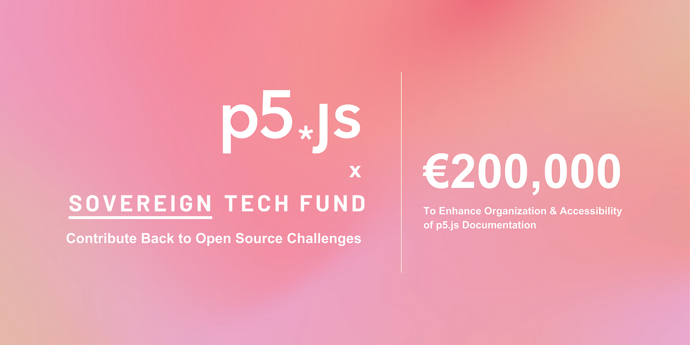 Announcement graphic with pink gradient background. On the left hand side,, the p5.js and Sovereign Tech Fund logo in white and “Contribute Back to Open Source Challenge” text underneath. On the right,, “€200,000” in large white text with “To Enhance Organization & Accessibility of p5.js Documentation” text.