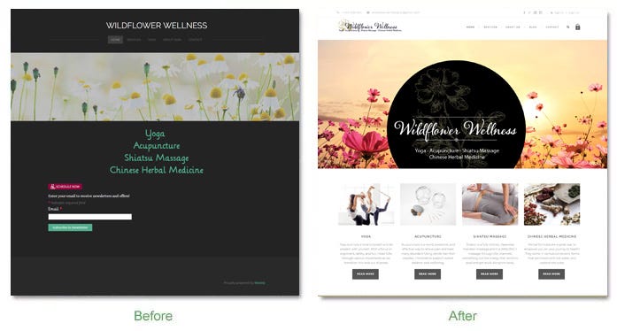 A sample visual “Before and After” of website which, while dramatic, doesn’t really offer much in the point of comparison or showing that your solution goes beyond a visual one