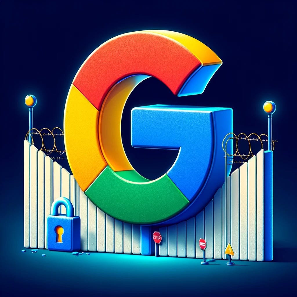 IMAGE: A Google multicolor G logo, surrounded by a figurative paywall