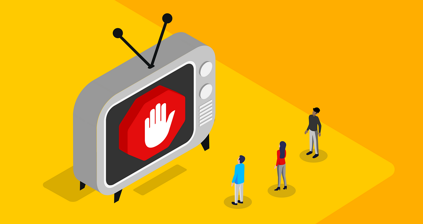 A graphic showing three people standing around a giant television with the AdBlock logo on the screen