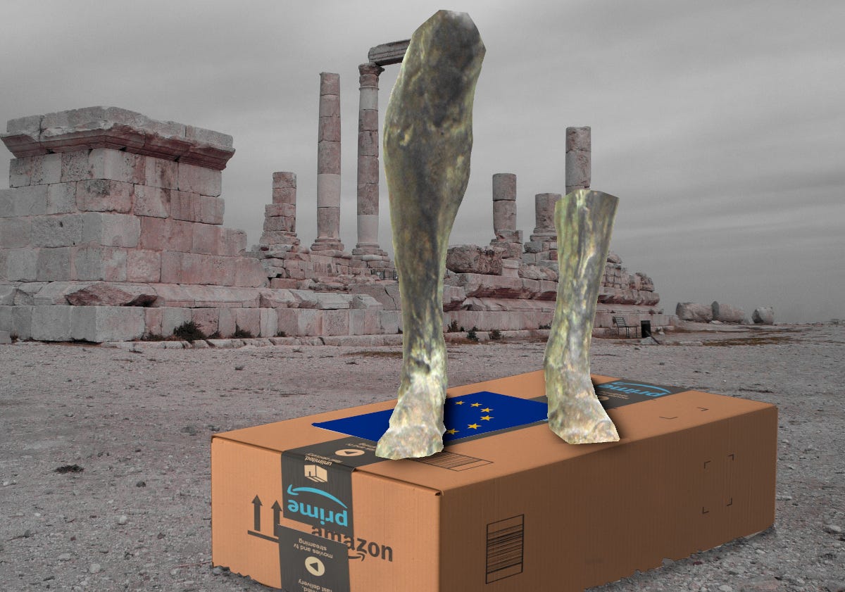 A desert ruin. In the foreground is a huge Amazon box, with an EU flag in place of its shipping label. Atop the box are the feet and partial legs of an Oxymandias figure. Image: Rama (modified) https://commons.wikimedia.org/wiki/File:Gladiator_with_sword-Louis_Ernest_Meissonnier-MG_1216-IMG_1223-white.jpg CC BY-SA 3.0 https://creativecommons.org/licenses/by-sa/3.0/fr/deed.en