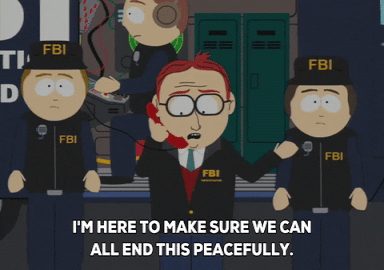 South Park gisselforhandling. Tekst: “I’m here to make sure we can all end this peacefully. You want that, right?”