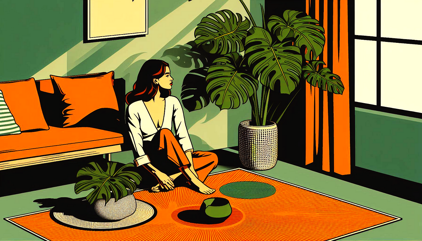 a woman sitting on an orange rug with a monstera