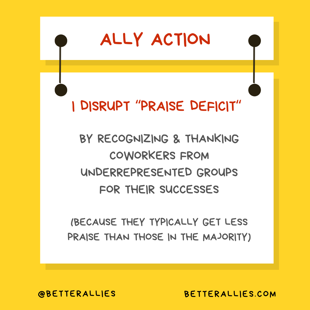 A graphic with a yellow background with a white rectangular sign reading Ally Action. Hanging off of it is another sign reading I disrupt “praise deficit” by recognizing and thanking coworkers from underrepresented groups for their successes (because they typically get less praise than those in the majority). Along the bottom of the illustration is text reading @betterallies and betterallies.com.