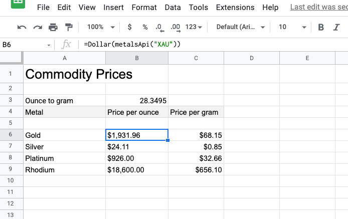 How to get the latest commodity pricing in Google Sheet