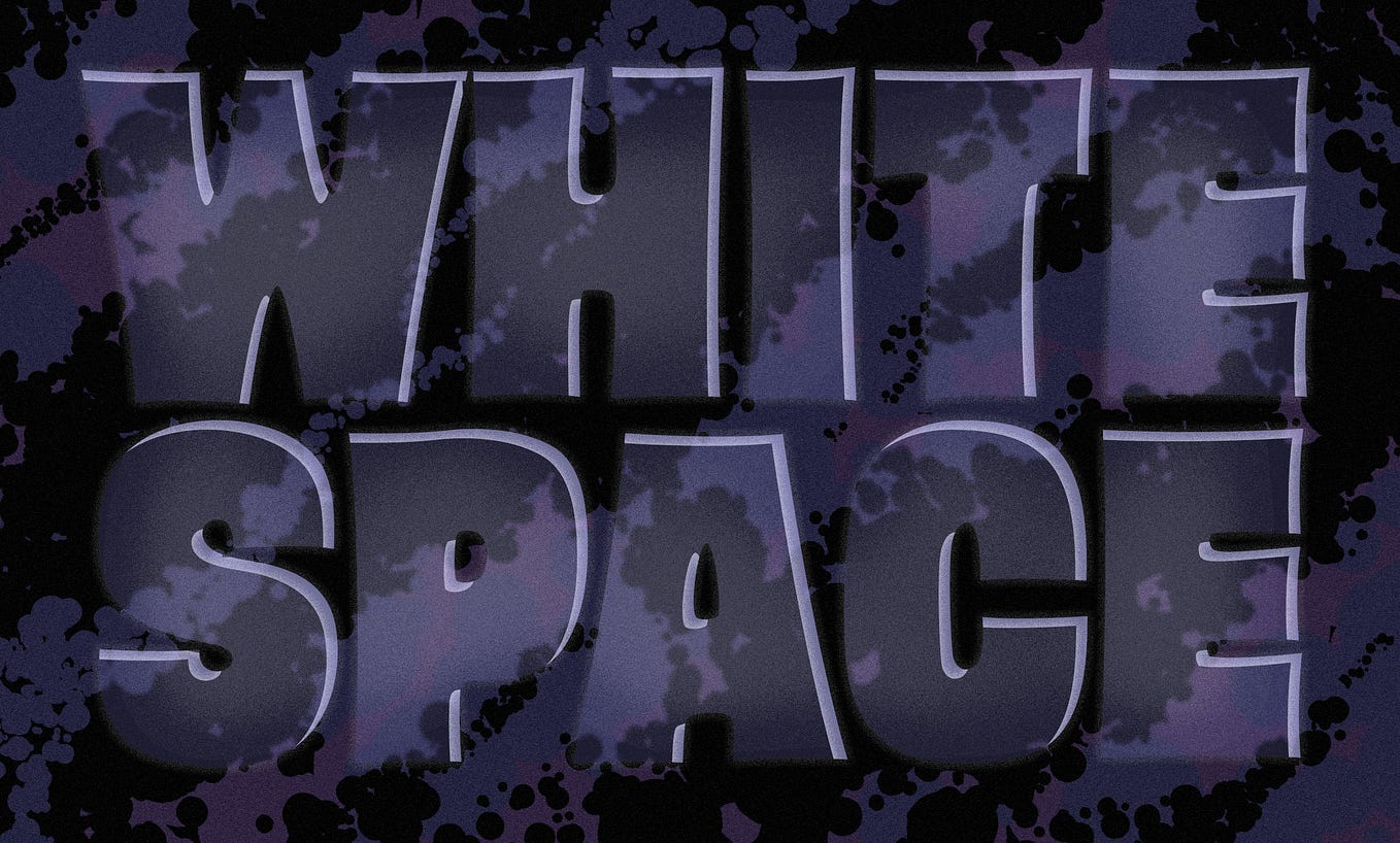 Transparent bold text reading ‘White Space’ on a dark purple background featuring a field of black, blobby dots, also known as Kirby Krackle, an illustration technique used to show energy fields in comic books.
