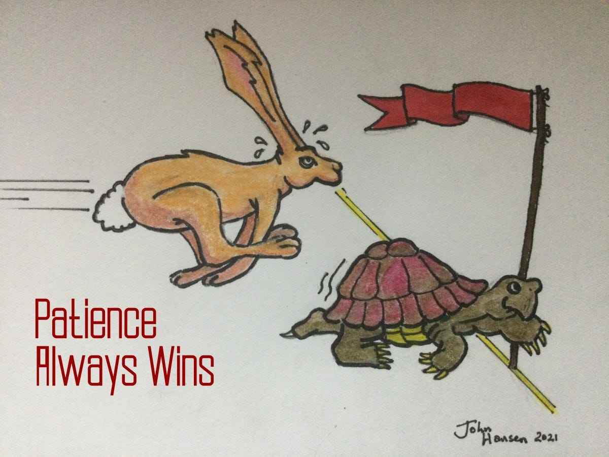 A drawing of the tortoise and the hare racing
