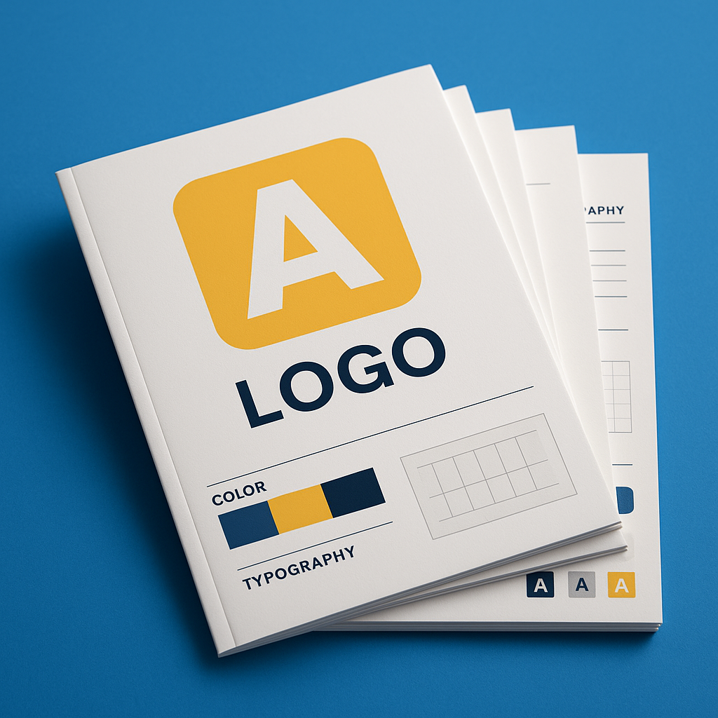 Photo by the Author: A stack of modern brand style guides showcasing logo design, color palette, and typography on a blue background.