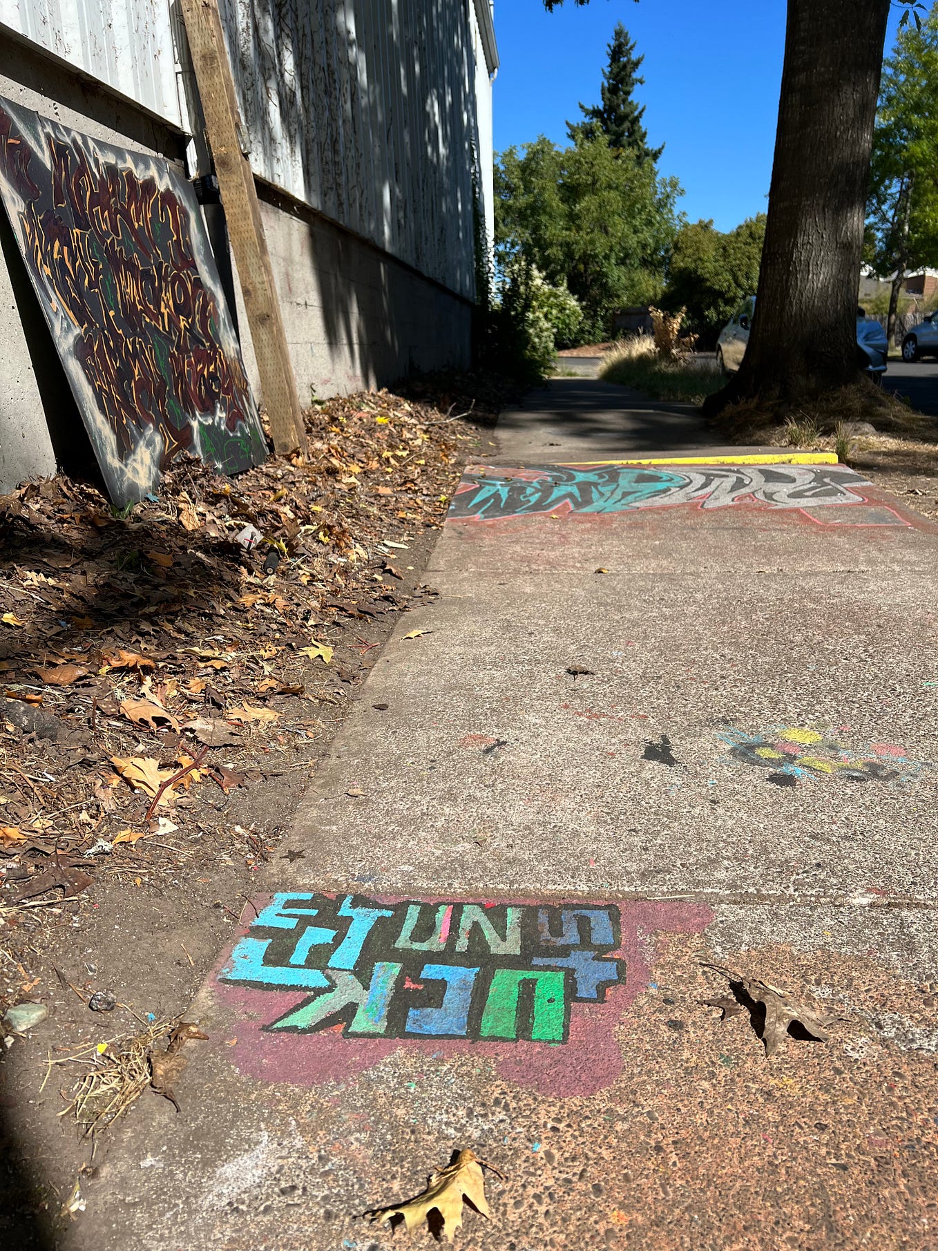 Painted graffiti art on the sidewalk in front of a couple of trees, foreground says, “Get unstuck”, with bright colors of blue, orange, and green. Background graffiti art is a group of unidentified letters. Autumn leaves litter the ground beside the concrete, and another painting in black and red graffiti on a board is propped up against a wall. Art courtesy of my homeless friend Maize, who lived across the street from my apartment, not fully pictured.