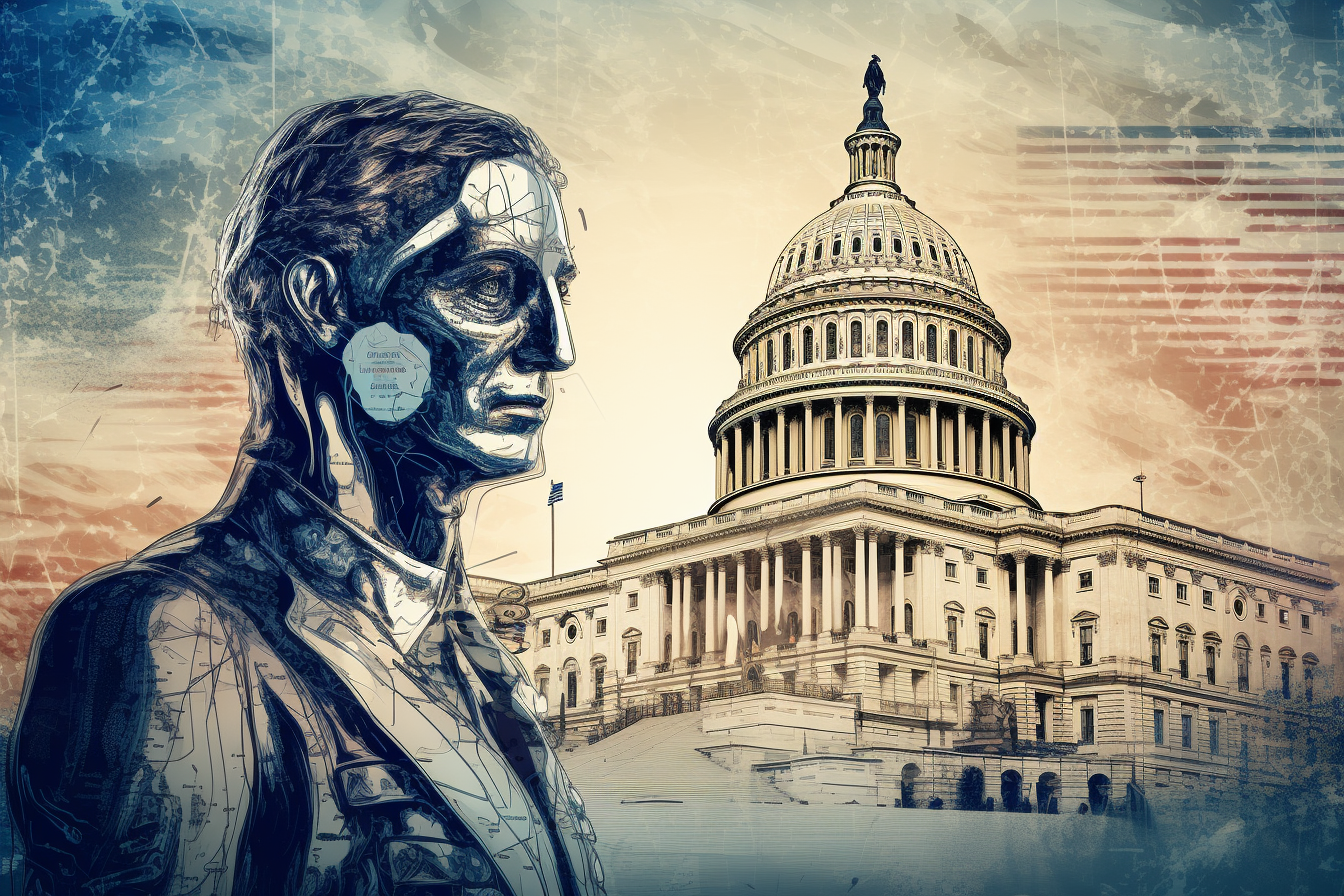 AI’s visual interpretation of they keywords from this article, created with Midjourney. The image shows an image of a man with digital circuits in his body in the foreground, and the US Capitol building in the background, with a grainy blue and red tint.