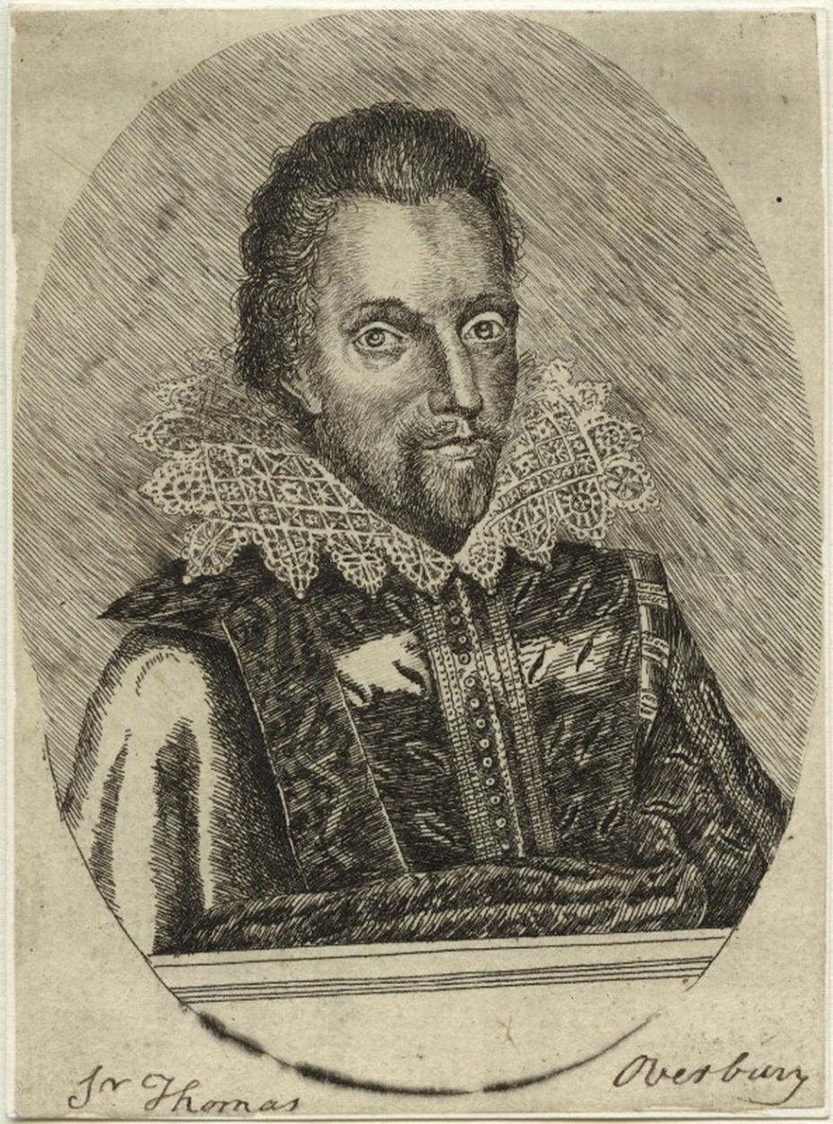 18th century etching of Sir Thomas Overbury — shows man with swept-back hair, tufty moustache and beard, wearing a ruff