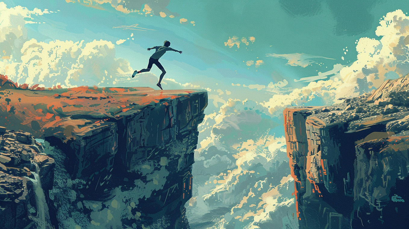 A man jumping over a chasm (and probably falling)