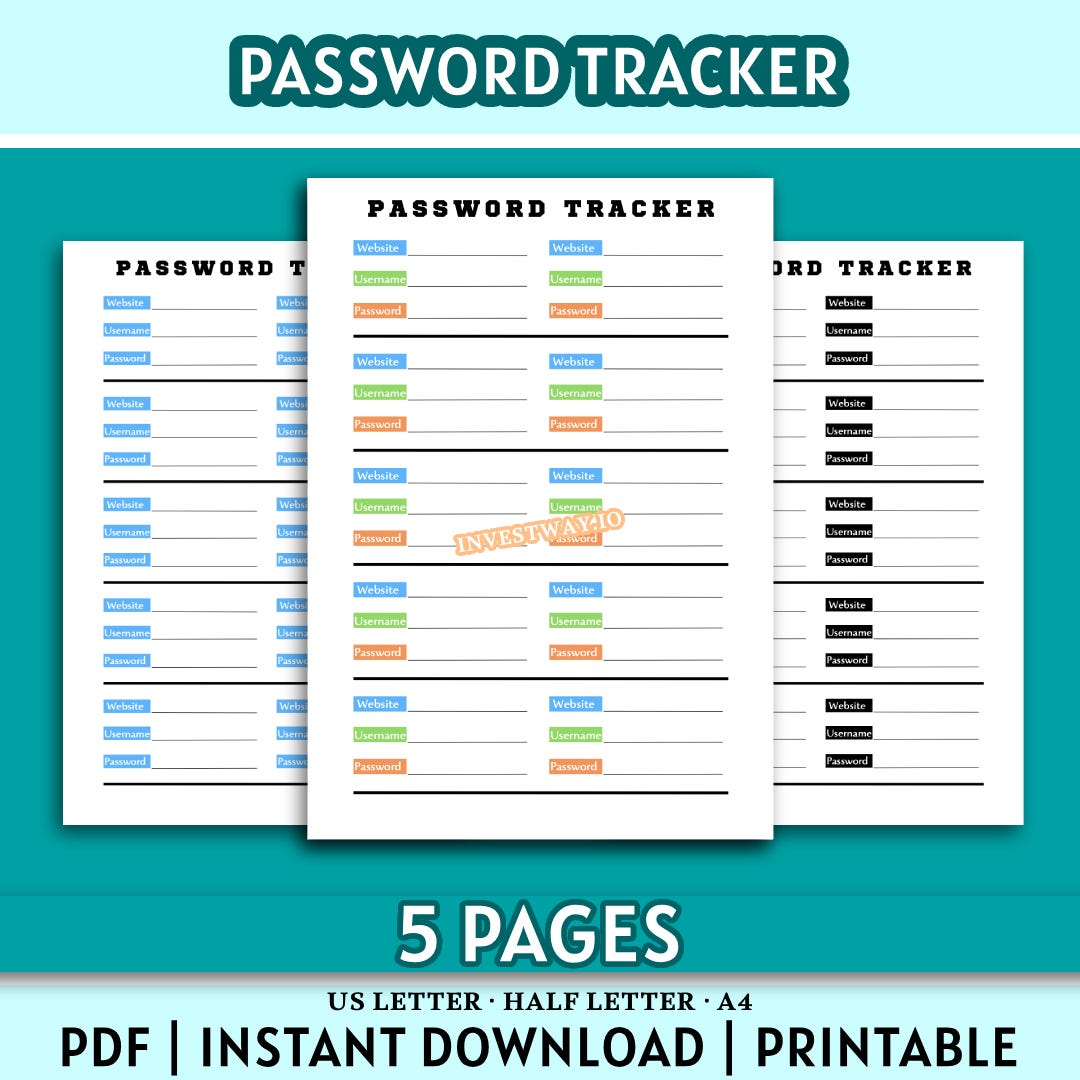 Printable Password Log — Instant Download (A4 / Half Letter / US Letter ...