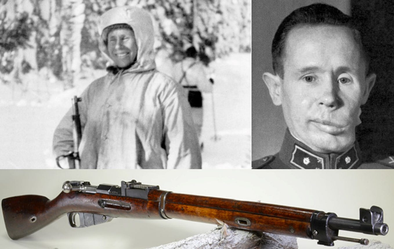 Simo Häyhä as a sniper in the Finnish army (top-left, image: Wikimedia Commons), Simo Häyhä after injury (top right, image: Wikimedia Commons), and Mosin-Nagant M28–30 sniper rifle used by Häyhä