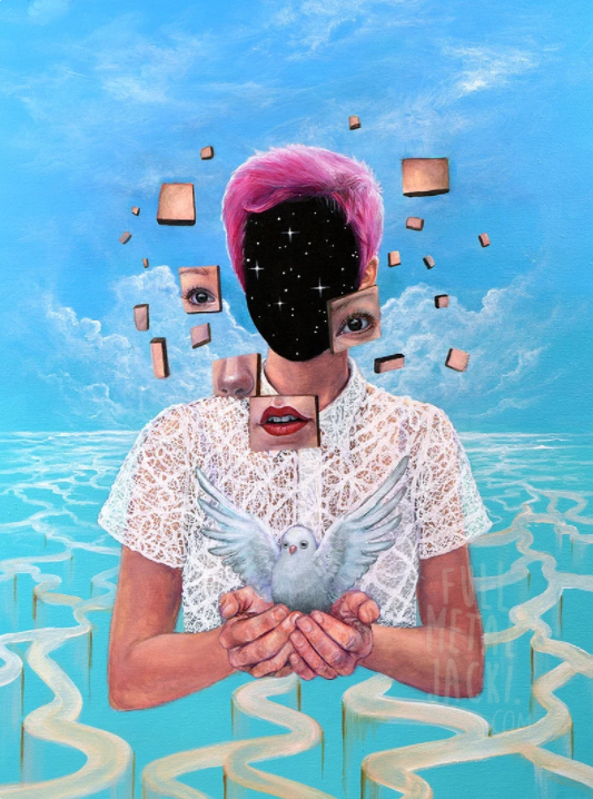 a woman with pink hair and a white top holding a dove, her face is fractured into many pieces that are floating around her head, and where her face would normally be is the night sky with stars