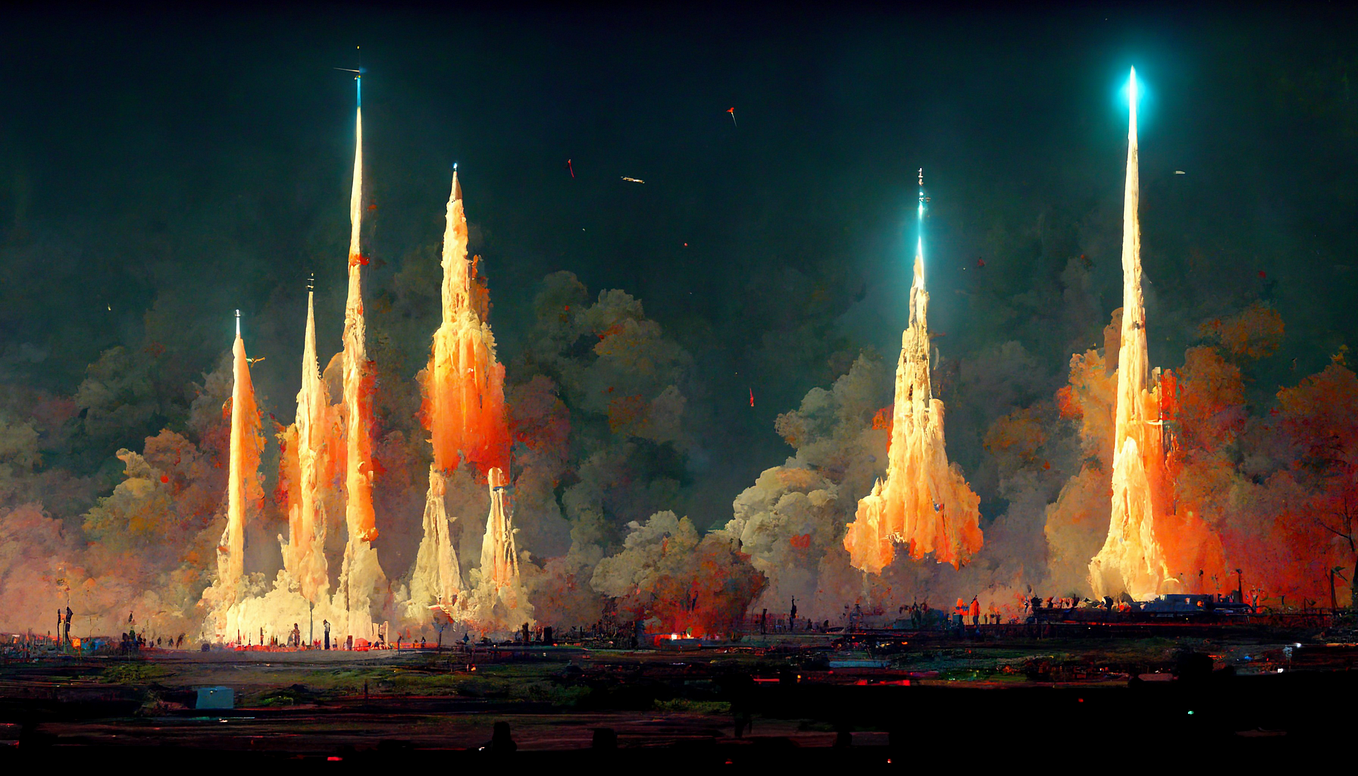 AI (Midjouney) generated illustration of a six abstract looking rockets with long blast-streams lifting off the ground and into a dark sky above.