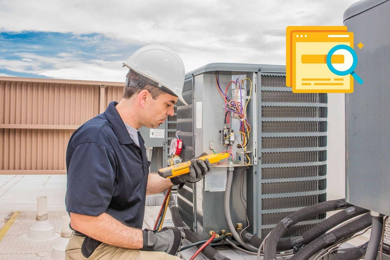 An HVAC technician working on a residential air conditioner.